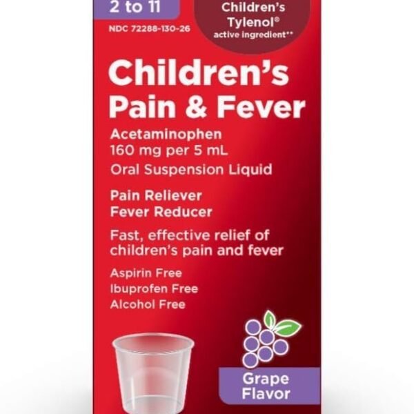 Amazon Basic Care Children's Acetaminophen 160 mg per 5 mL Oral Suspension, Grape Flavor, Pain Reliever and Fever Reducer for Headache, Sore Throat and Toothache, 4 fl oz (Pack...